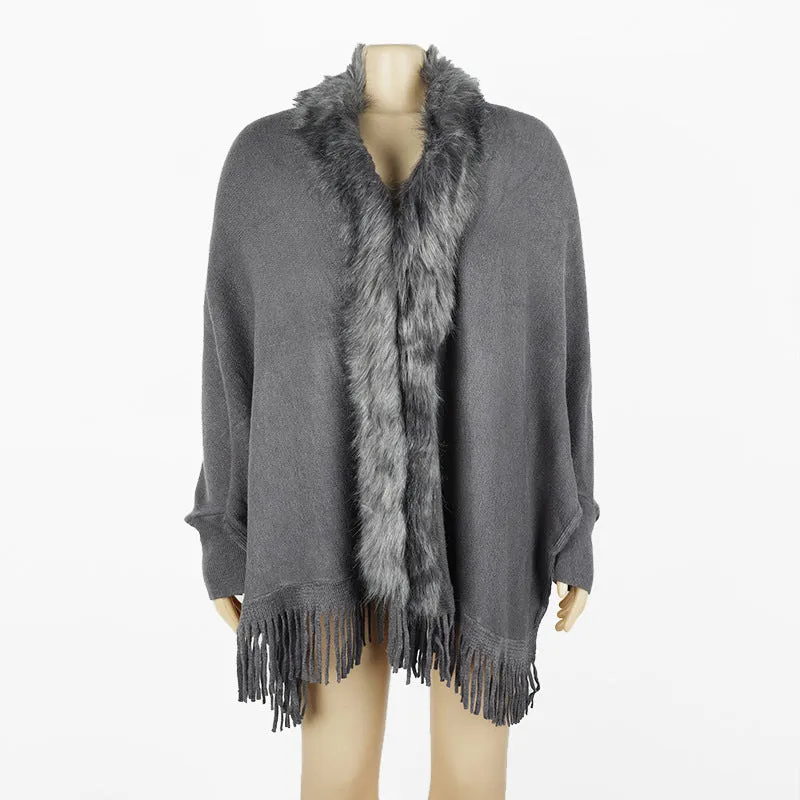 Women's faux fur collar fringe hem poncho open front