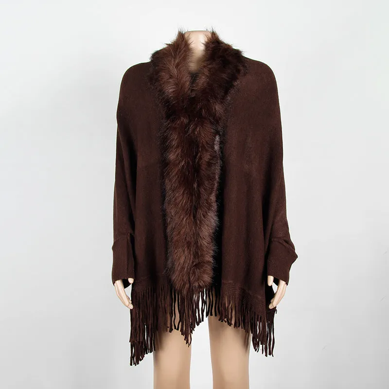 Women's faux fur collar fringe hem poncho open front