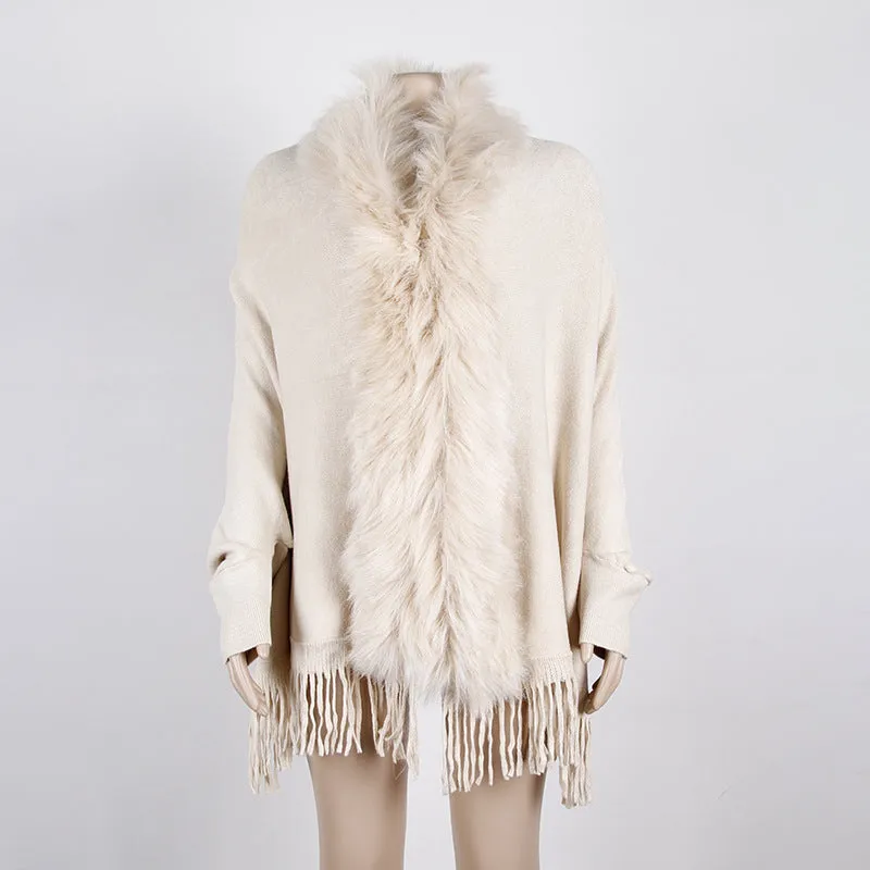 Women's faux fur collar fringe hem poncho open front