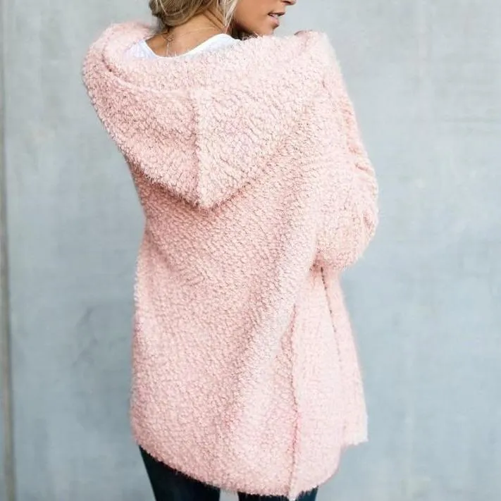 Women's hooded popcorn cardigan with pockets