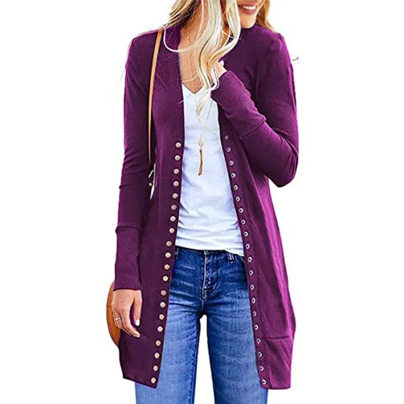 Women's long sleeve snap button knit cardigan solid color cardigan