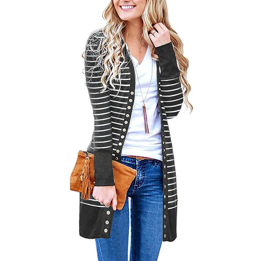 Women's long sleeve snap button knit cardigan solid color cardigan