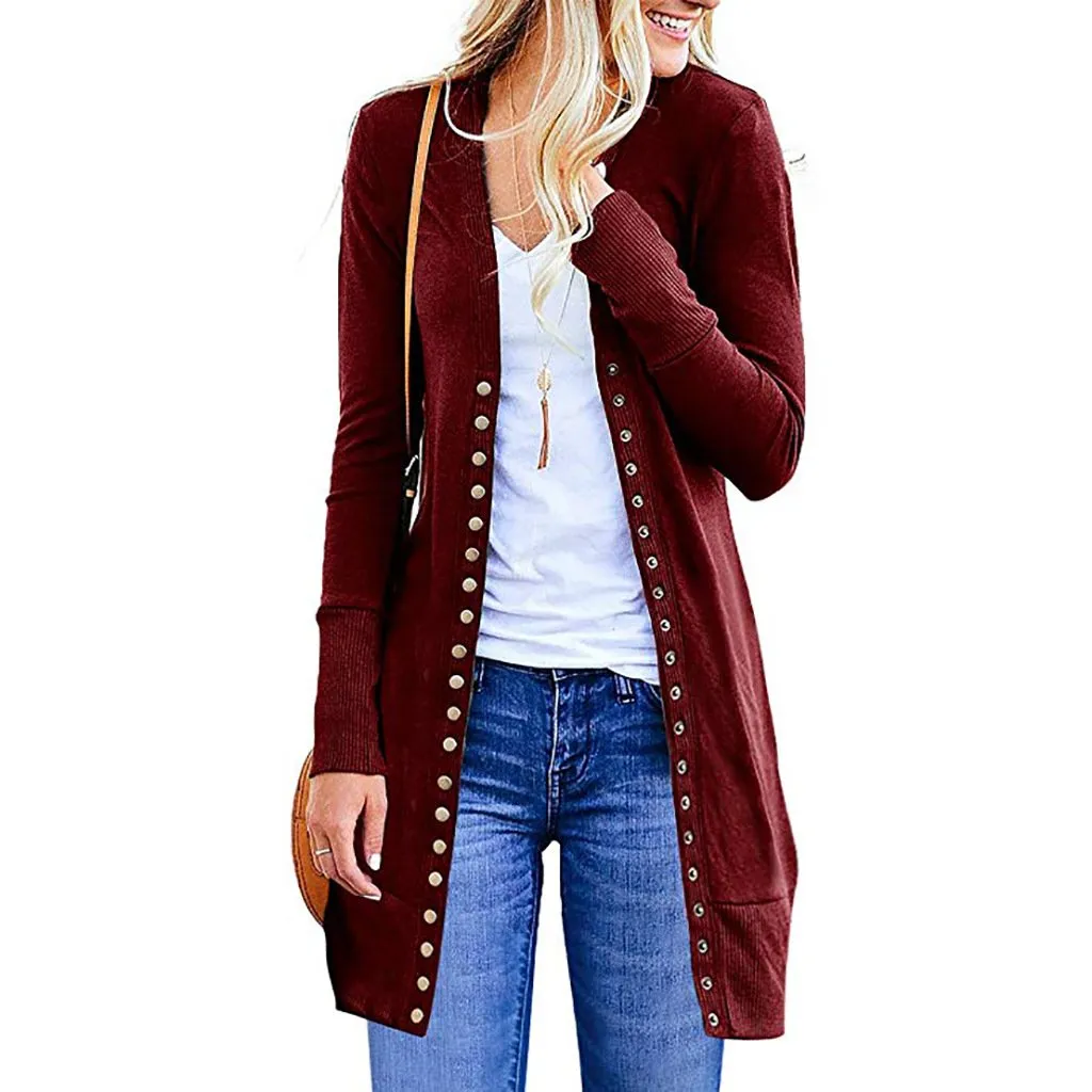 Women's long sleeve snap button knit cardigan solid color cardigan