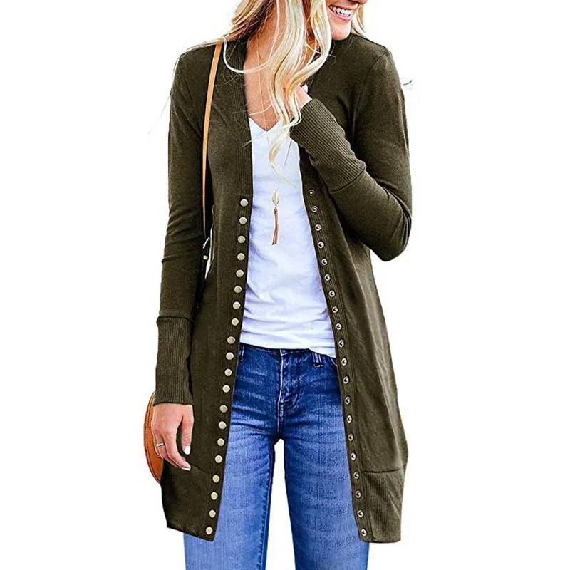 Women's long sleeve snap button knit cardigan solid color cardigan