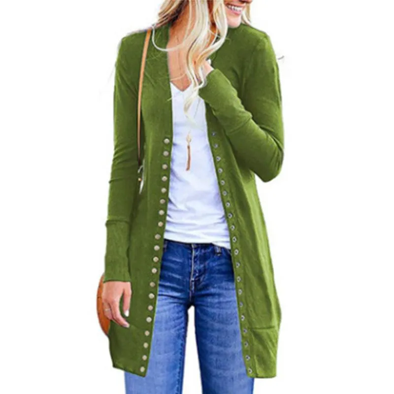 Women's long sleeve snap button knit cardigan solid color cardigan