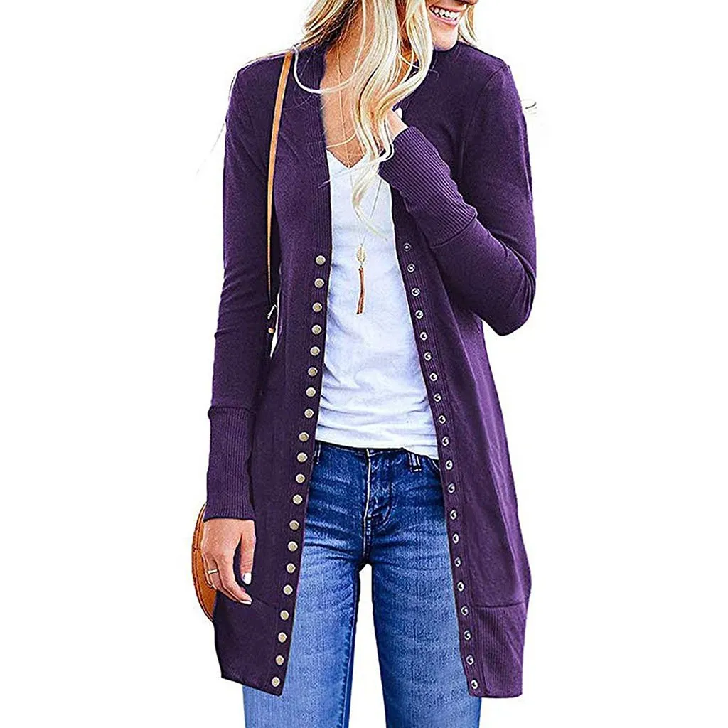 Women's long sleeve snap button knit cardigan solid color cardigan