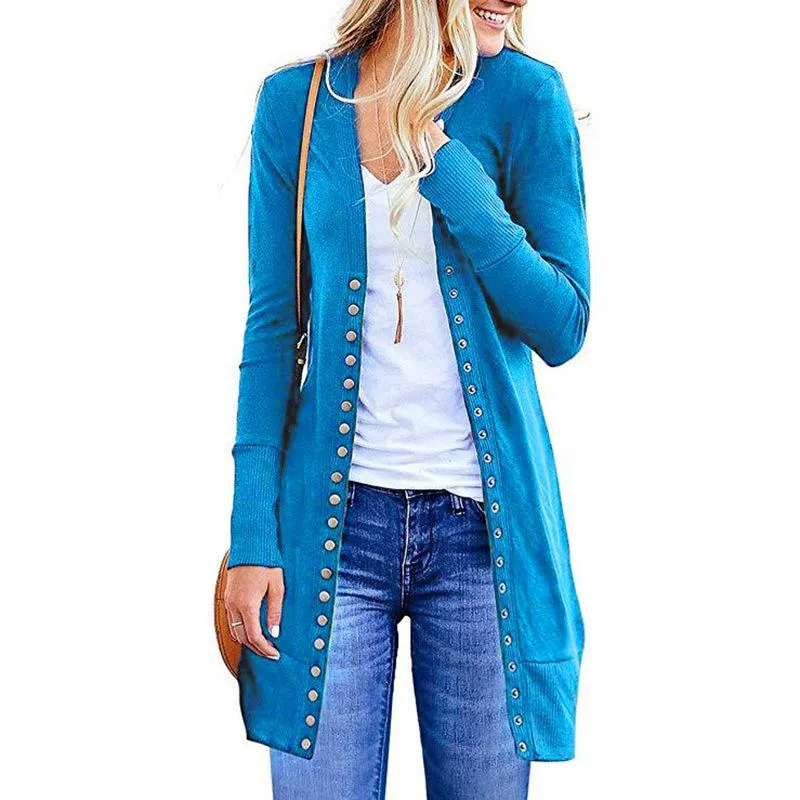 Women's long sleeve snap button knit cardigan solid color cardigan