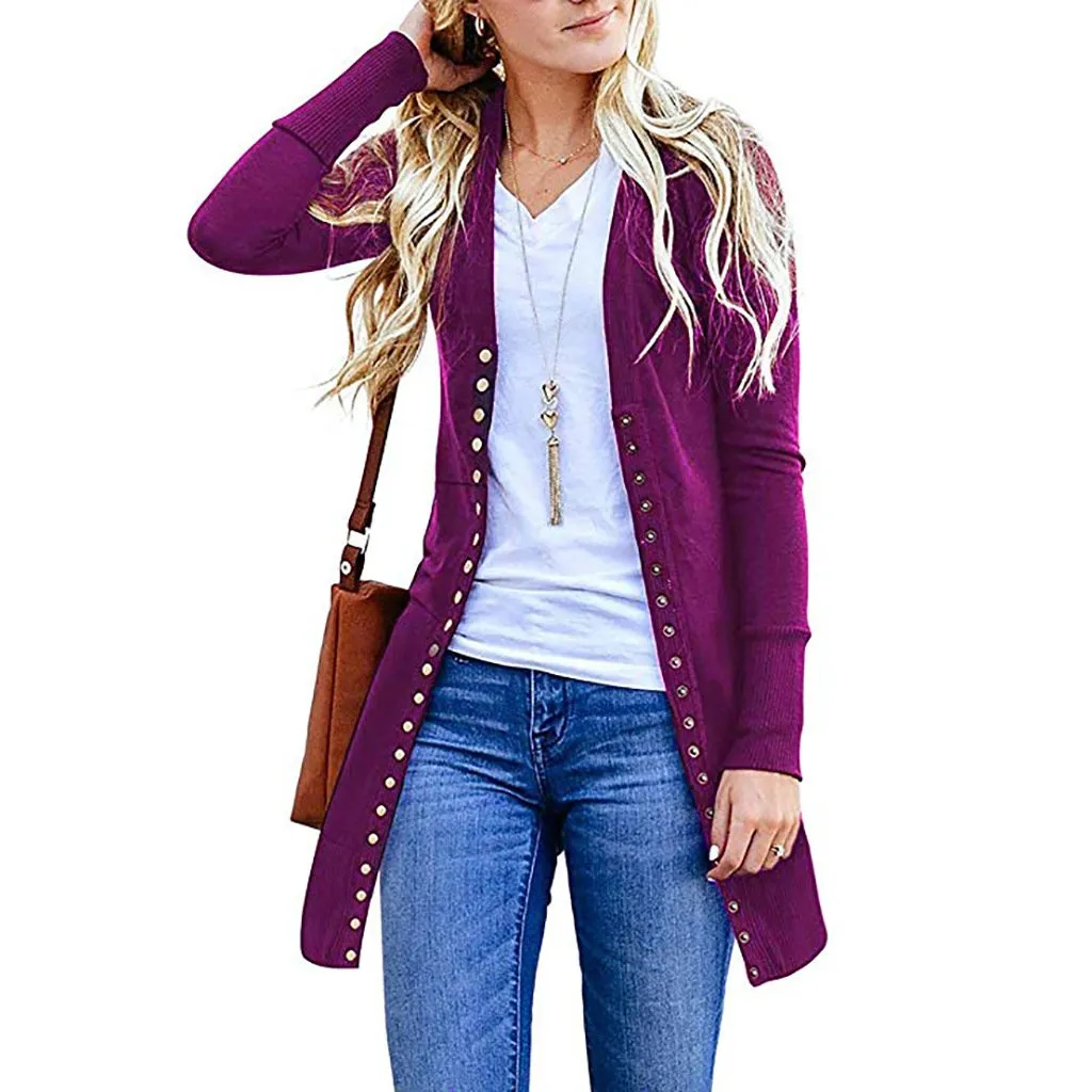 Women's long sleeve snap button knit cardigan solid color cardigan