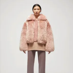 Womens Pink Shearling Short Fox Fur Leather Jacket