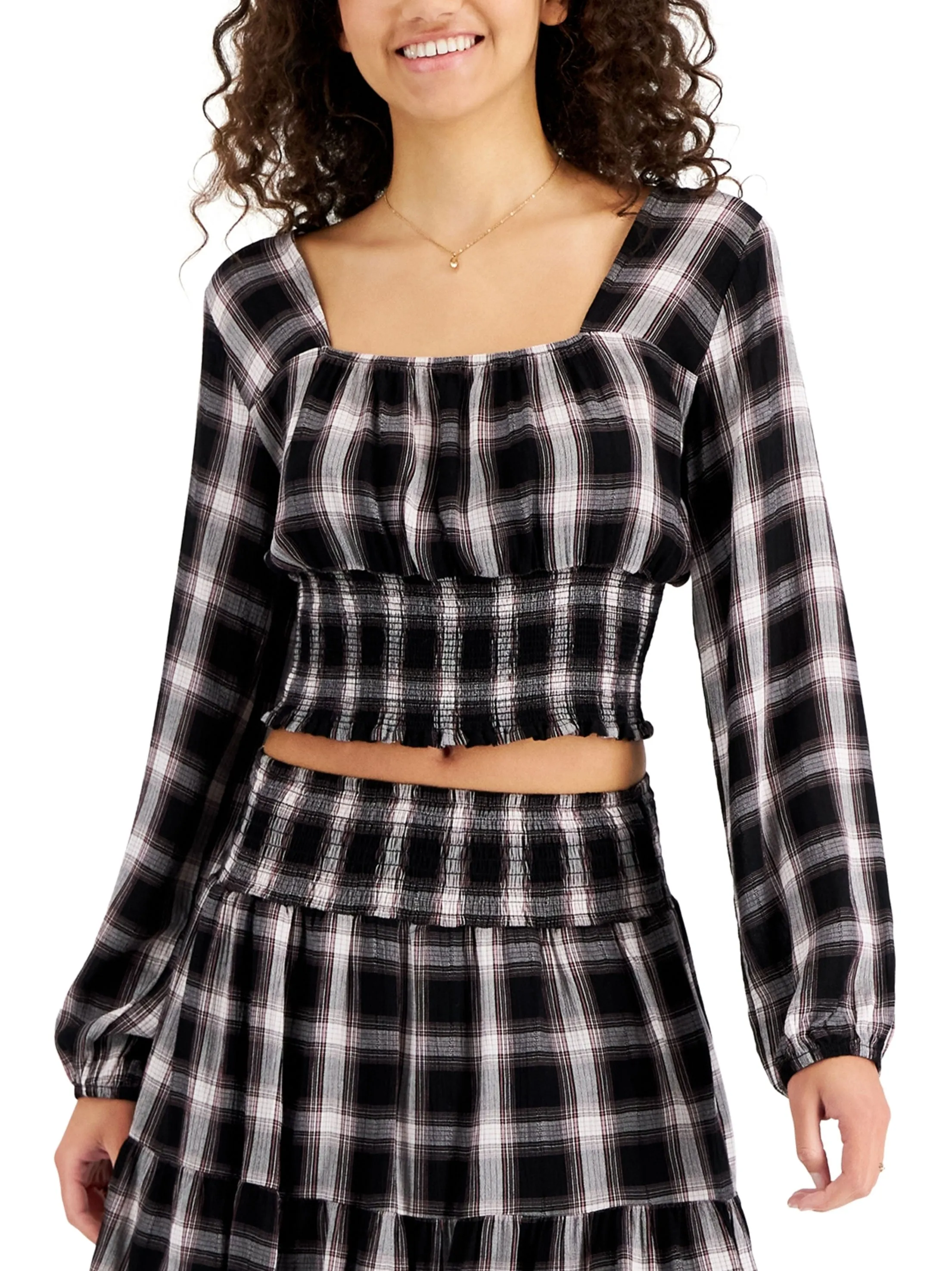 Women's Plaid Square-Neck Smocked Top,Multi