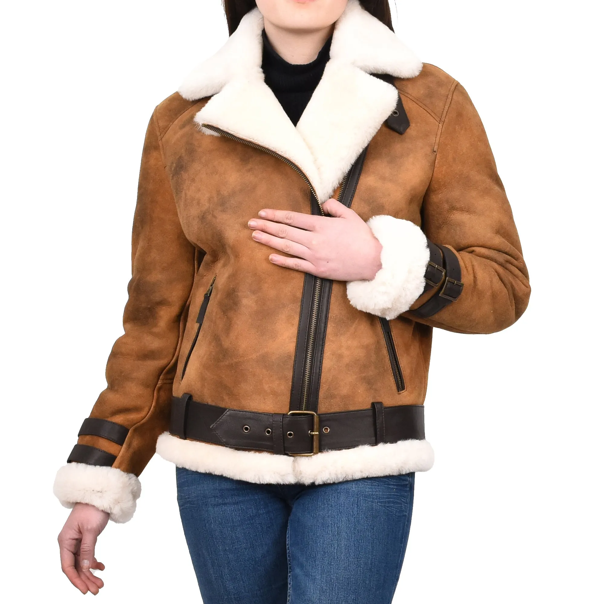 Women's Real Sheepskin Italian Classic Aviator Jacket Brown Hedda