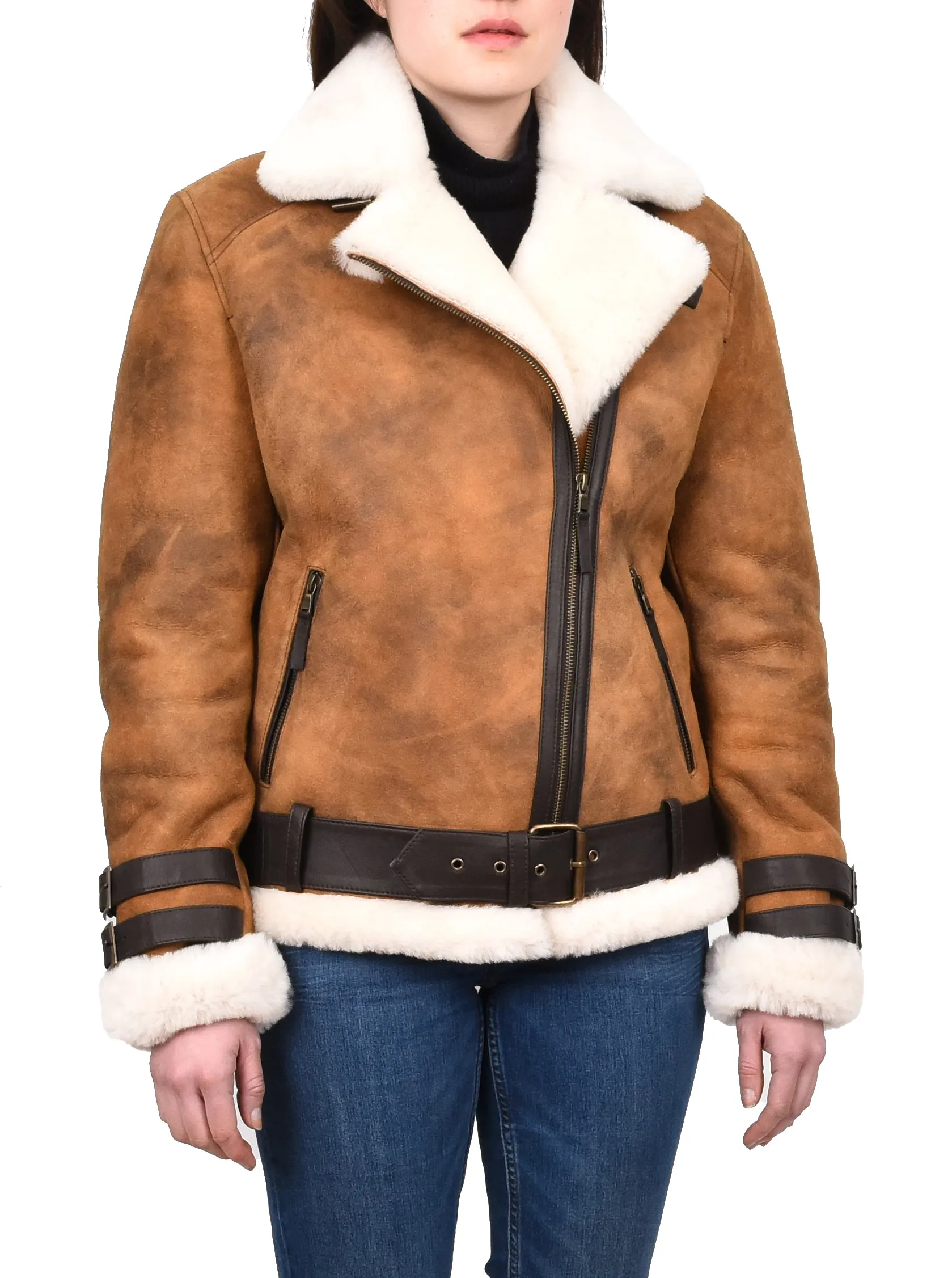 Women's Real Sheepskin Italian Classic Aviator Jacket Brown Hedda