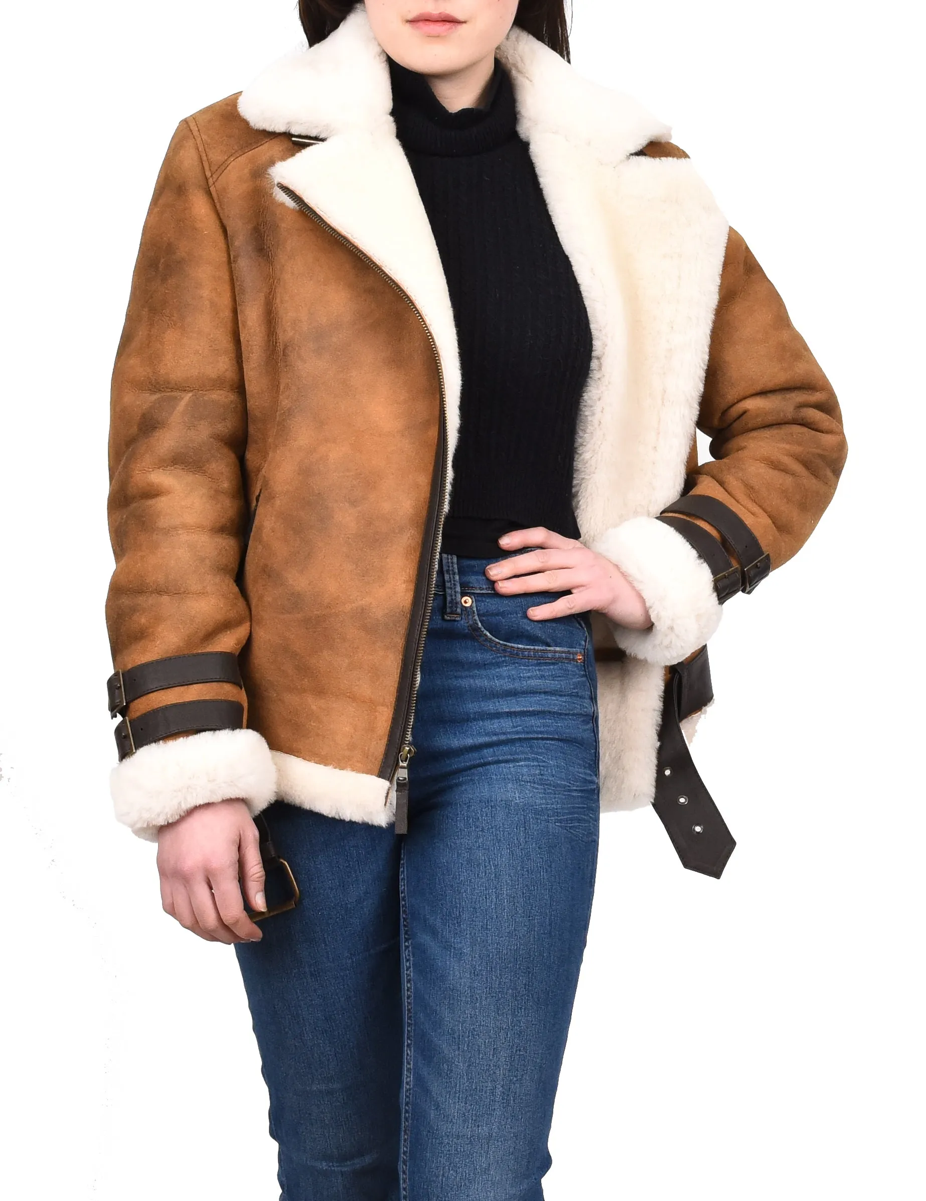 Women's Real Sheepskin Italian Classic Aviator Jacket Brown Hedda