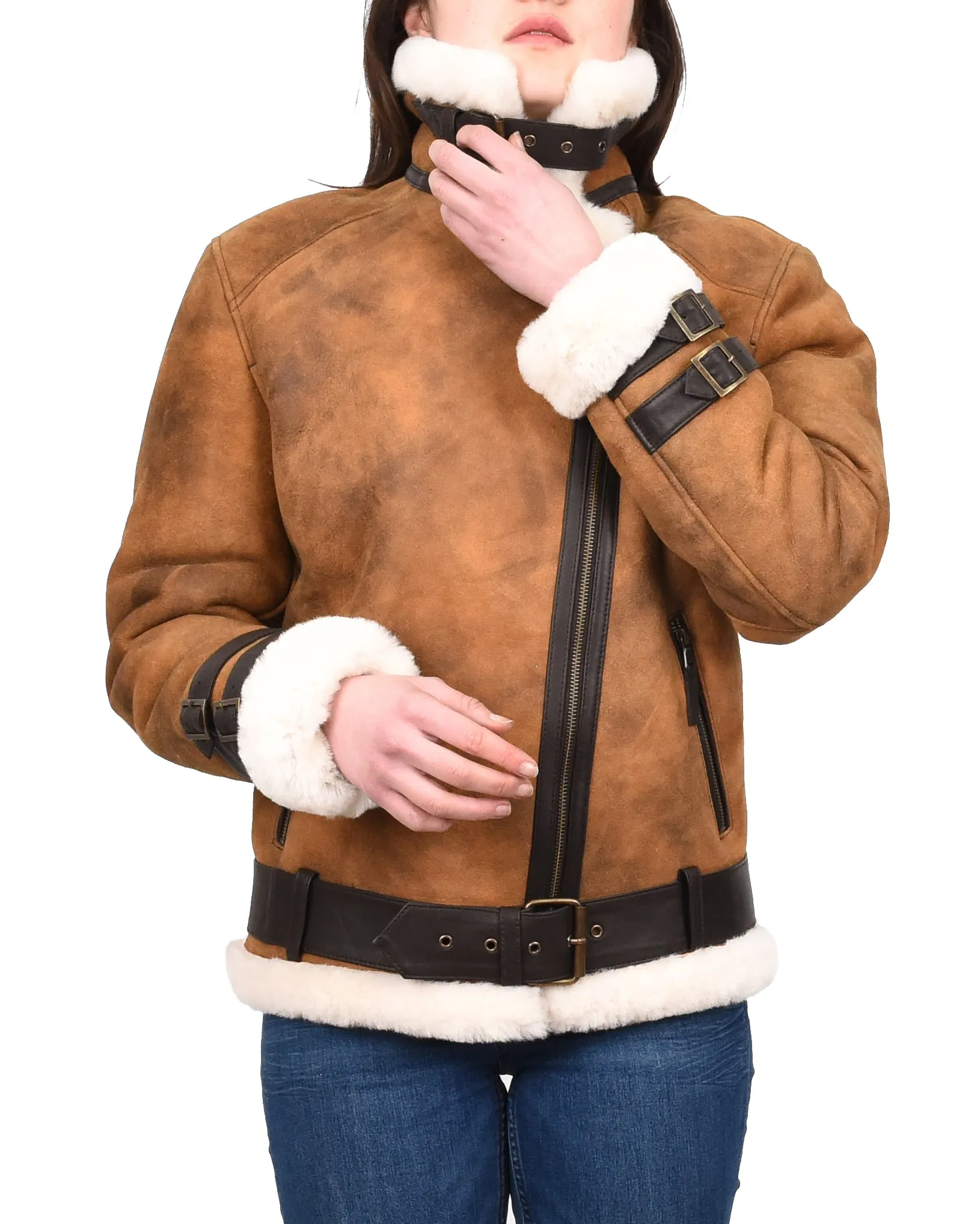 Women's Real Sheepskin Italian Classic Aviator Jacket Brown Hedda