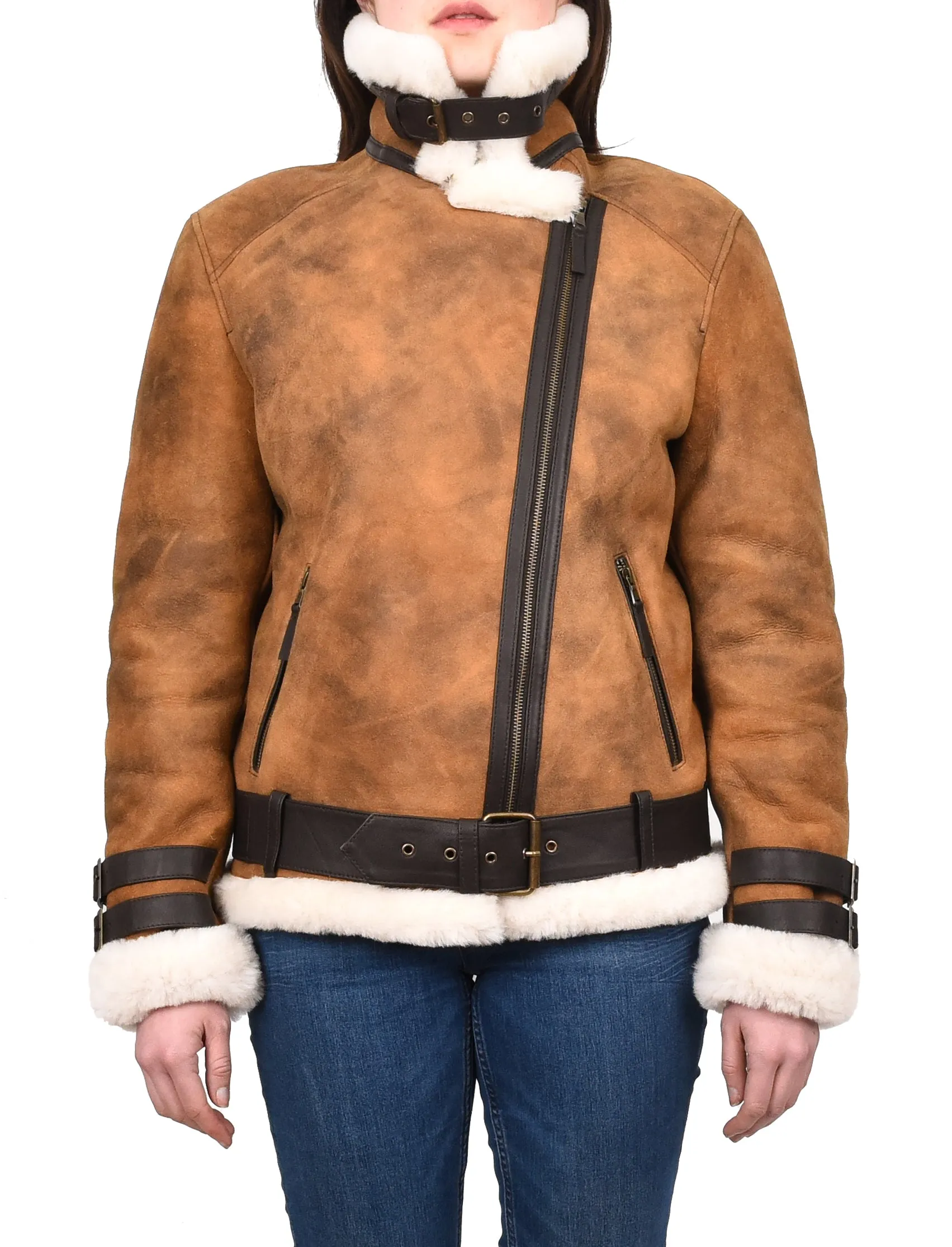 Women's Real Sheepskin Italian Classic Aviator Jacket Brown Hedda