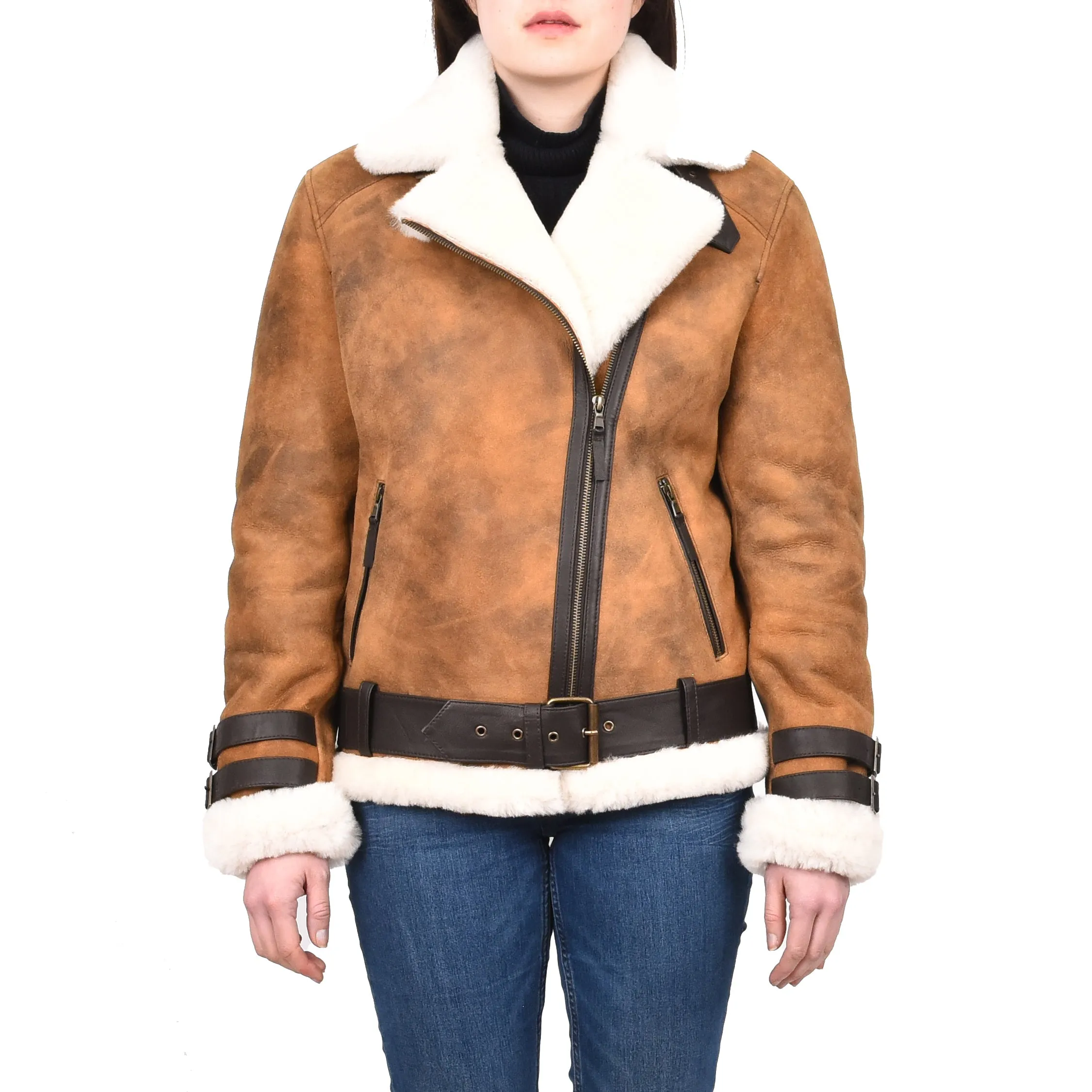 Women's Real Sheepskin Italian Classic Aviator Jacket Brown Hedda