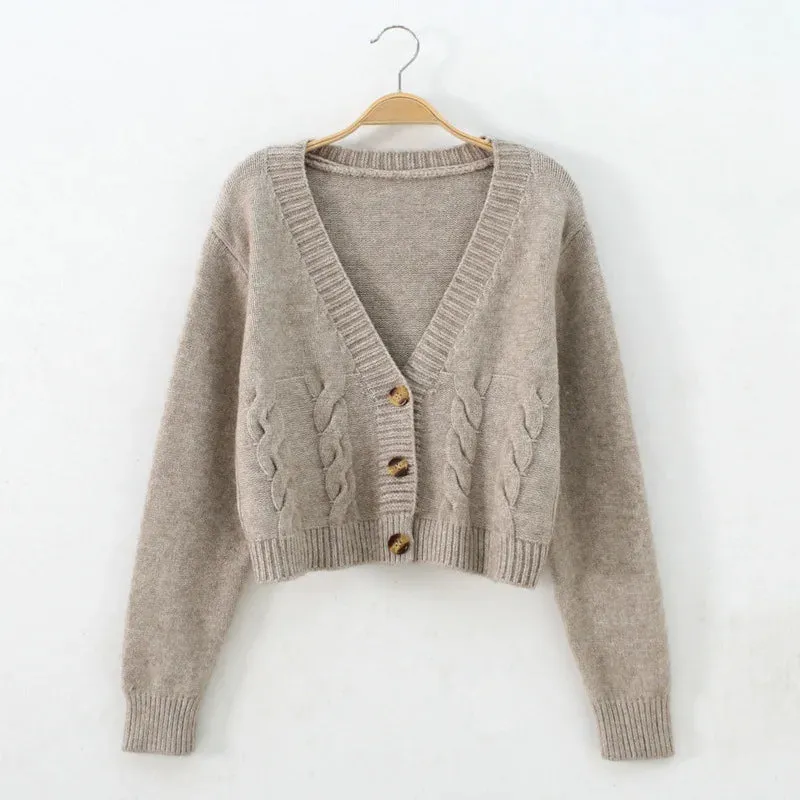 Womens V Neck Cropped Long Sleeve Twist Knitted Cardigan Sweater