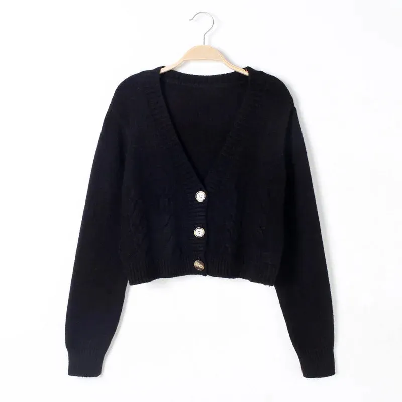 Womens V Neck Cropped Long Sleeve Twist Knitted Cardigan Sweater